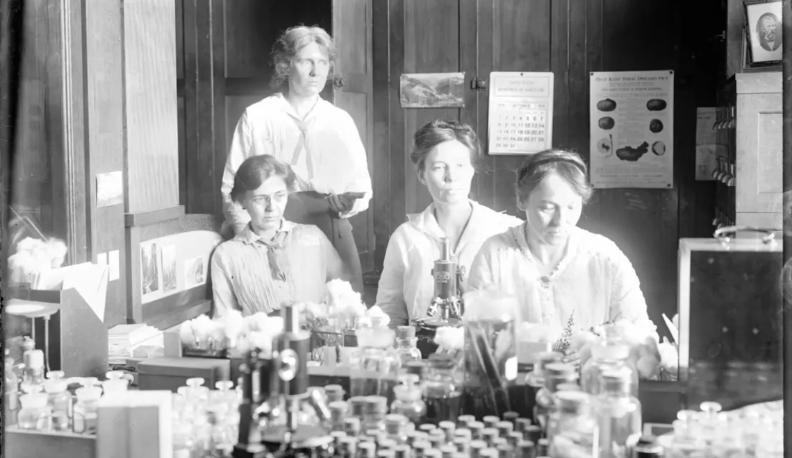 Abbildung von vier Forscherinnen im Labor circa 1910 - 1920